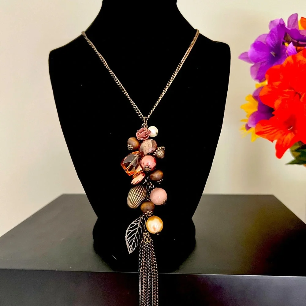 Elegant Bronze and Gold Beaded Tassel Necklace - Picture 2 of 4